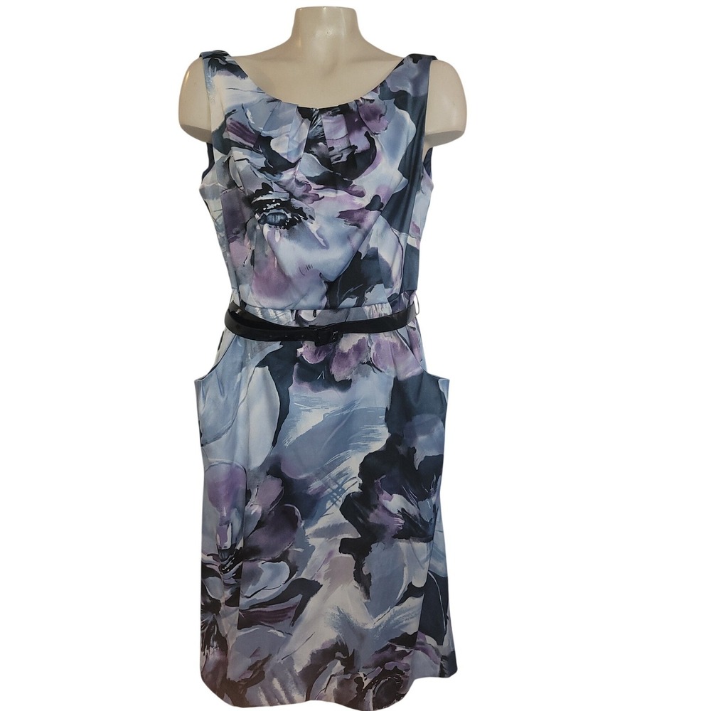 Dressbarn Womens Blue Purple Watercolor Floral Sheath Dress w/ Belt Size 14